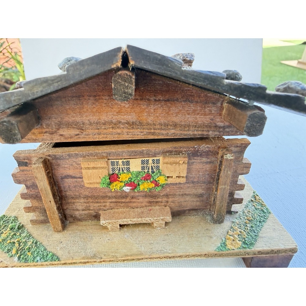 Vintage Swiss Chalet Style Wooden Music Box With Floral Accents